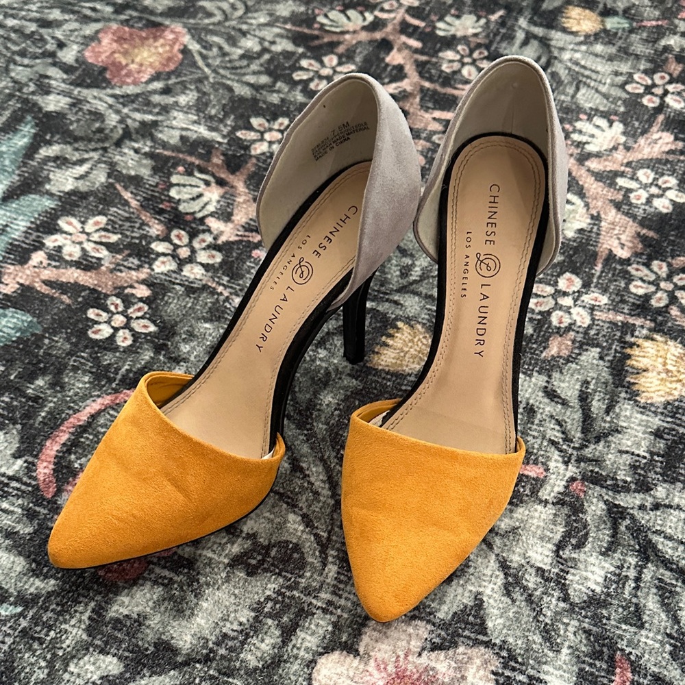 Chinese Laundry Mustard and Gray Heels - Office Siren Chic